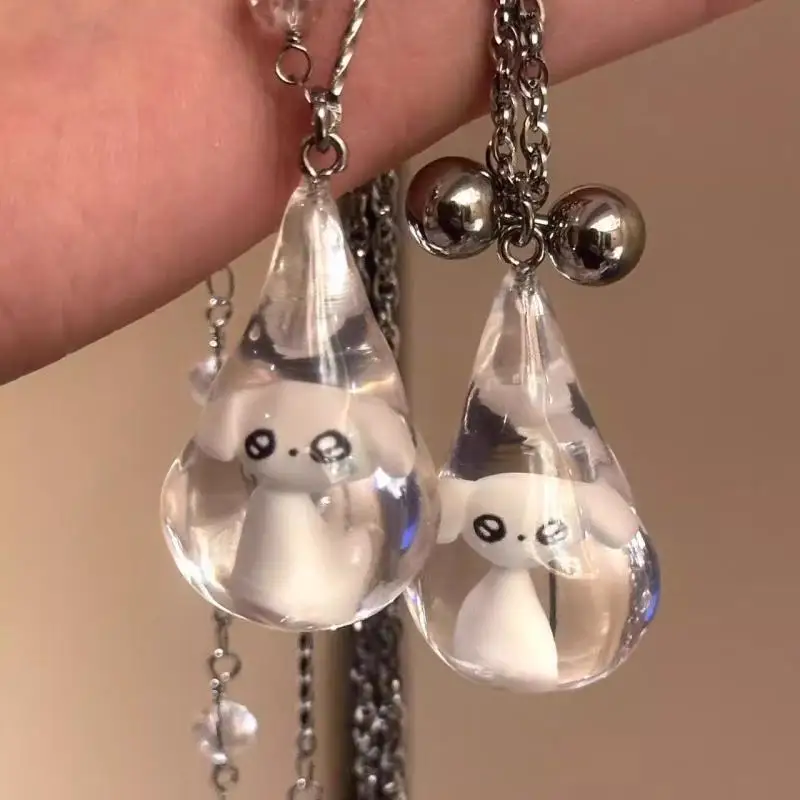 White Puppy Pendant Transparent Droplet Shaped Resin Women's Eye Catching Necklace Fashion Party Gift