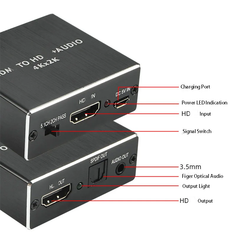 HDMI互換オーディオスプリッター,4K, 2K, 3Dビデオエクストラクター,3.5mmオーディオコンバーター,SPDIF,ステレオ出力アダプター,5.1デコード