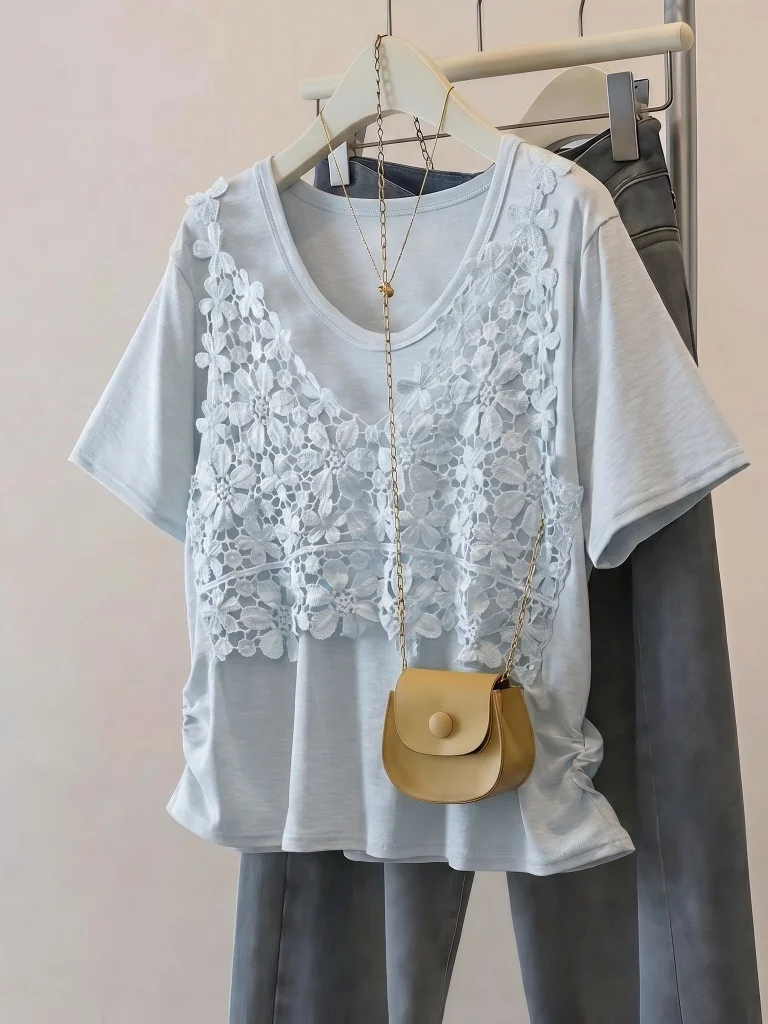 Light Blue Hollow out Short Sleeve T-Shirt Women's Summer New Style plus Size Fake Two-Piece Top Korean Style Loose Fit
