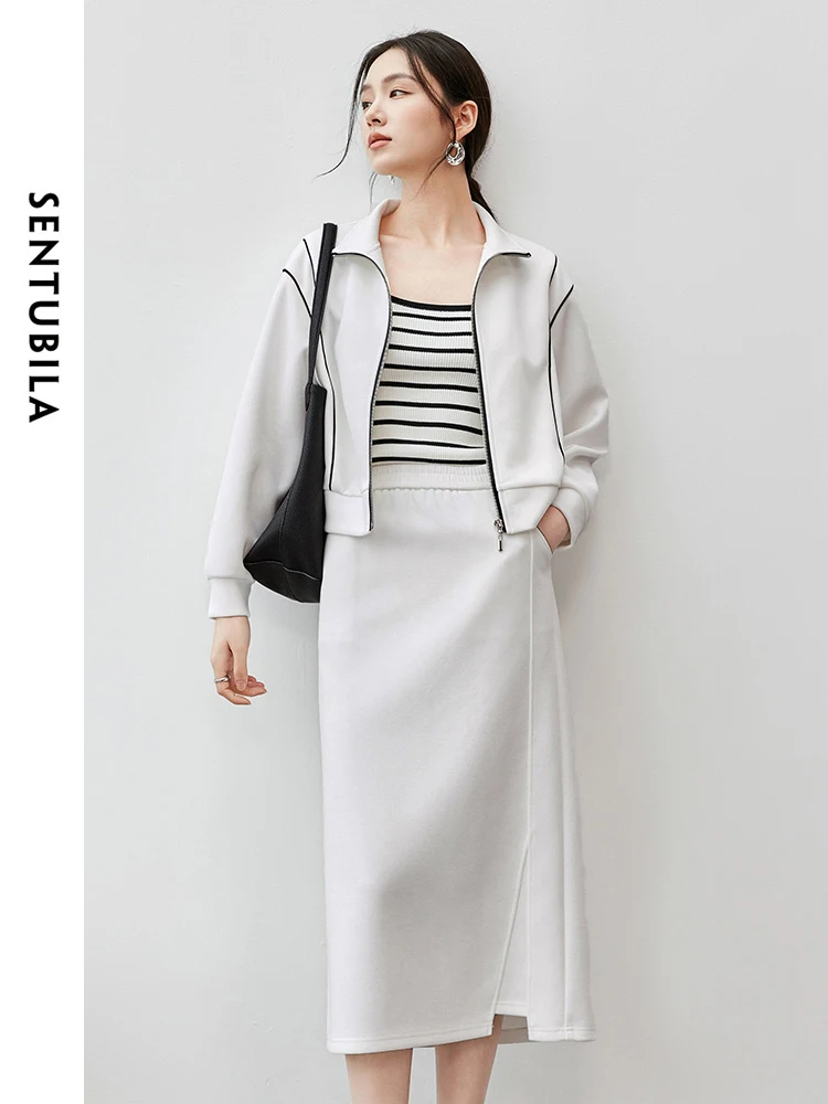 SENTUBILA Women  Knit Skirt Set   2024 Autumn Spliced Stand Neck Coat Straight Elastic Waist Skirt Sporty Set 143Z55719