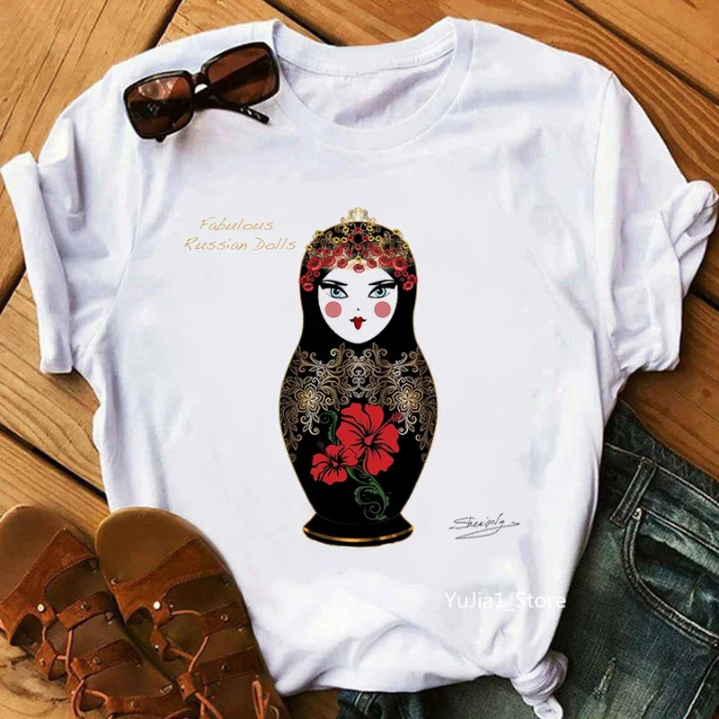 Maglietta bambola russa abbigliamento donna 2024 maglietta moda estiva divertente Femme maglietta Casual bianca maglietta Harajuku femminile