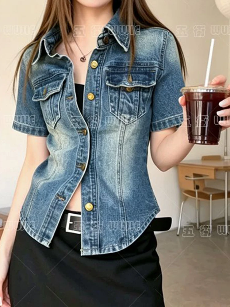 French retro Polo collar short-sleeved denim jacket women's summer 2026 fashion loose single-breasted temperament top