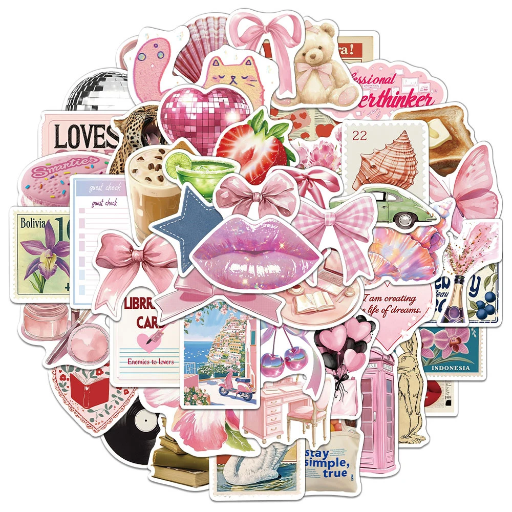 

10/30/50pcs Retro Cute Pink Aesthetic Stickers Kawaii Ins Style Girl Cartoon Decals Suitcase Phone Water Bottle Sticker Packing