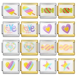 Colorful Y2k Cute Women Colorful Candy Heart Pizza Italian Charm Link Fit 9mm Stainless Steel Bracelet Making DIY Jewelry Beads