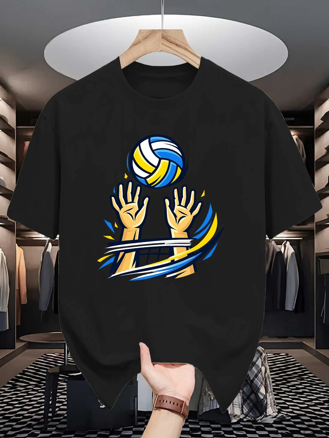 Mens Volleyball Block Hands Graphic Tee Sport Player Action Art Print O Neck Short Sleeve Cotton Casual Tops For Sport Lover Men