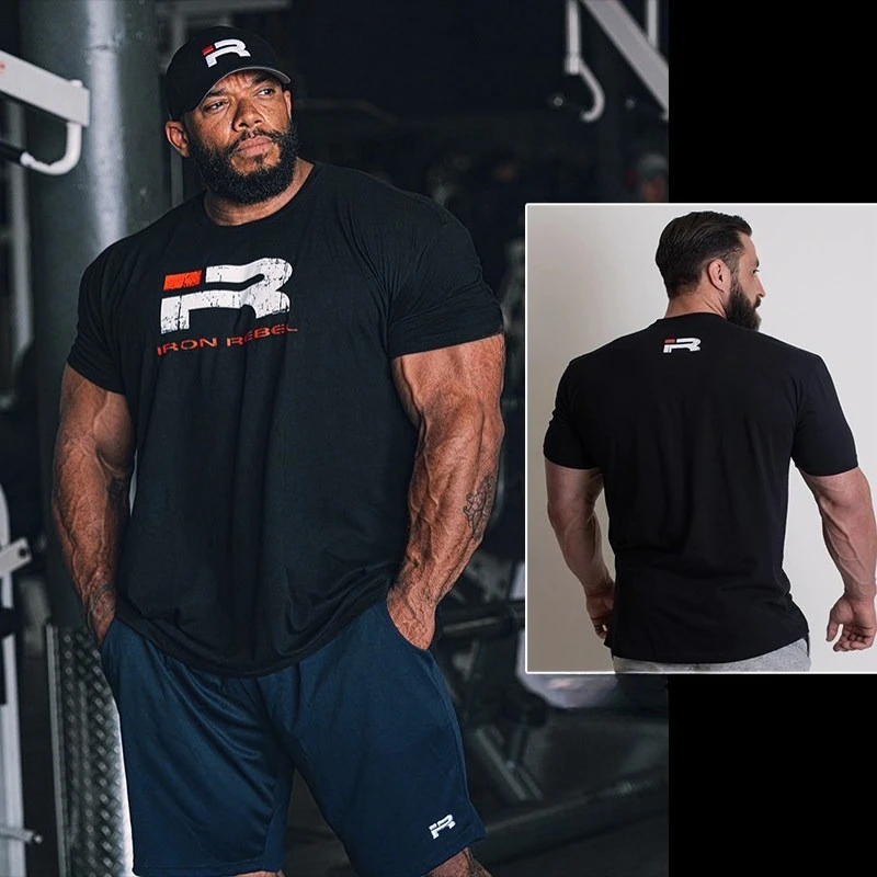 GYM Training Short Sleeve Men Cuffs Tightening Fitness Clothes Plus Shoulder Sports Slim Stretch Sweat-absorbing Cotton T-shirt