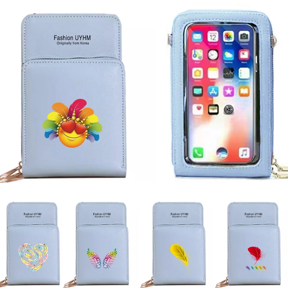 Women Shoulder Bag Pu Leather Wallets Card Pack Touch Screen Mobile Phone Bags Crossbody Purse Feather Print Waterproof Purses