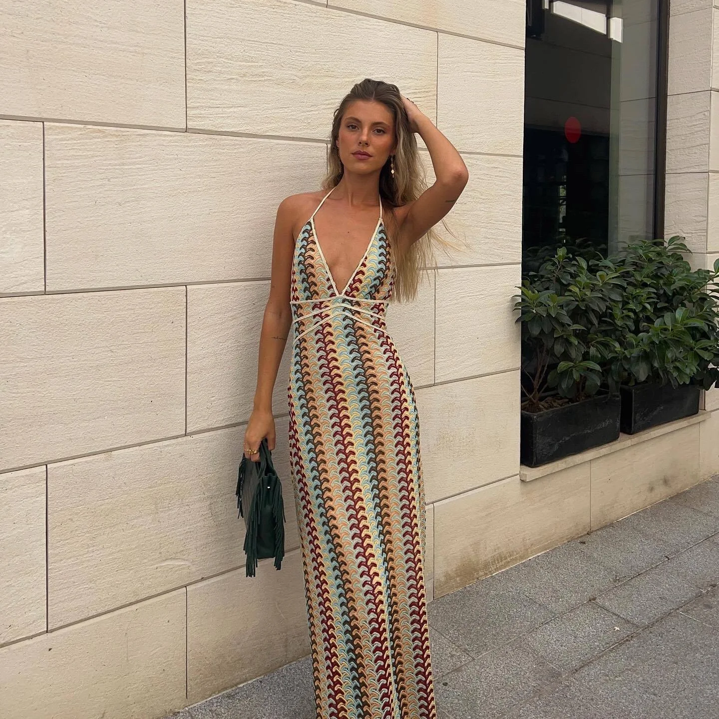 Sexy Printed Colorful Deep V-neck High Waist Dress Women Fashion Backless Suspender Slim Vest Holiday Beach Women Vacation Robe