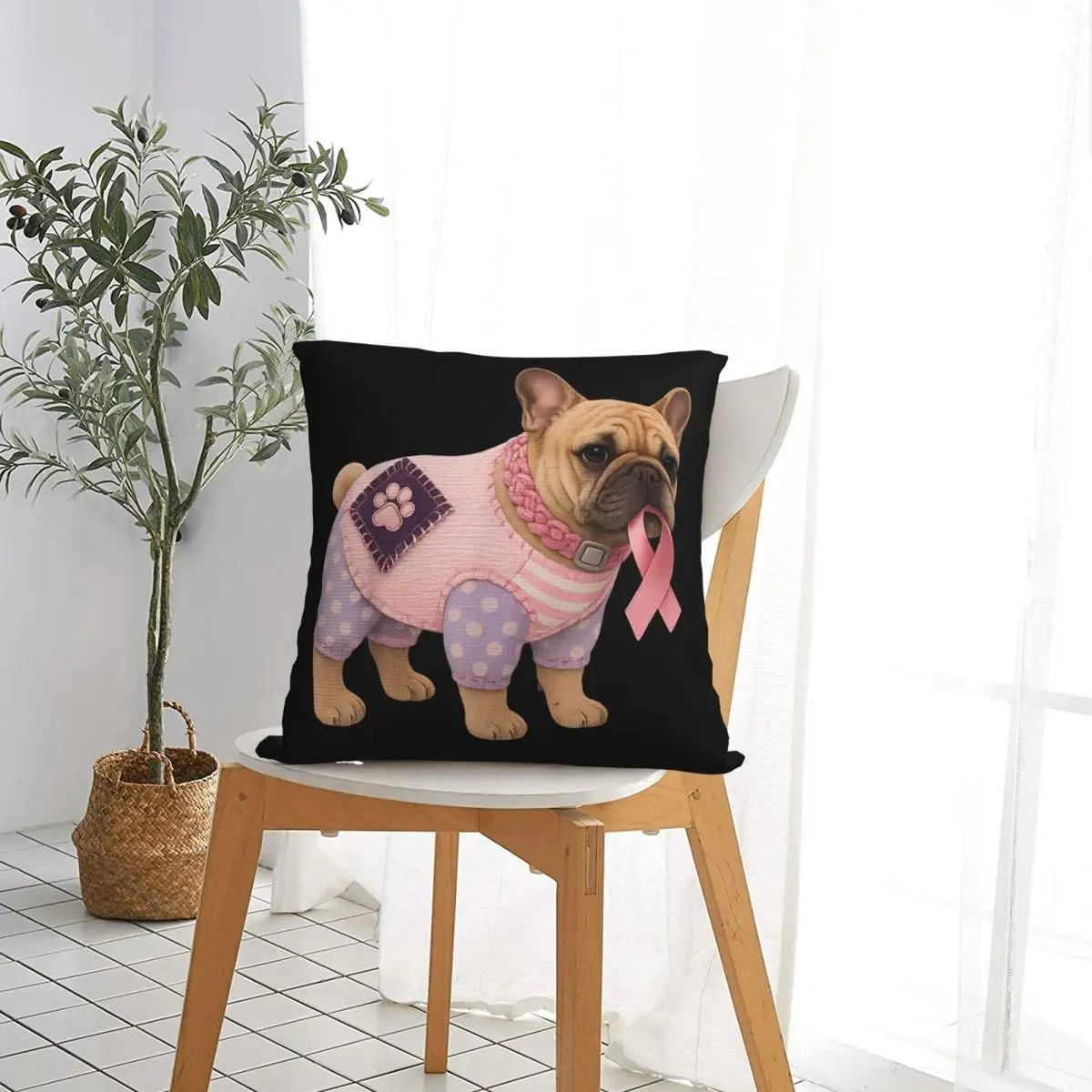 French Bulldog Pink Ribbon Breast Cancer Pattern Felt Art Pillow Cases Cushion Cover Creative Decor Pillowcase for Home 40*40cm