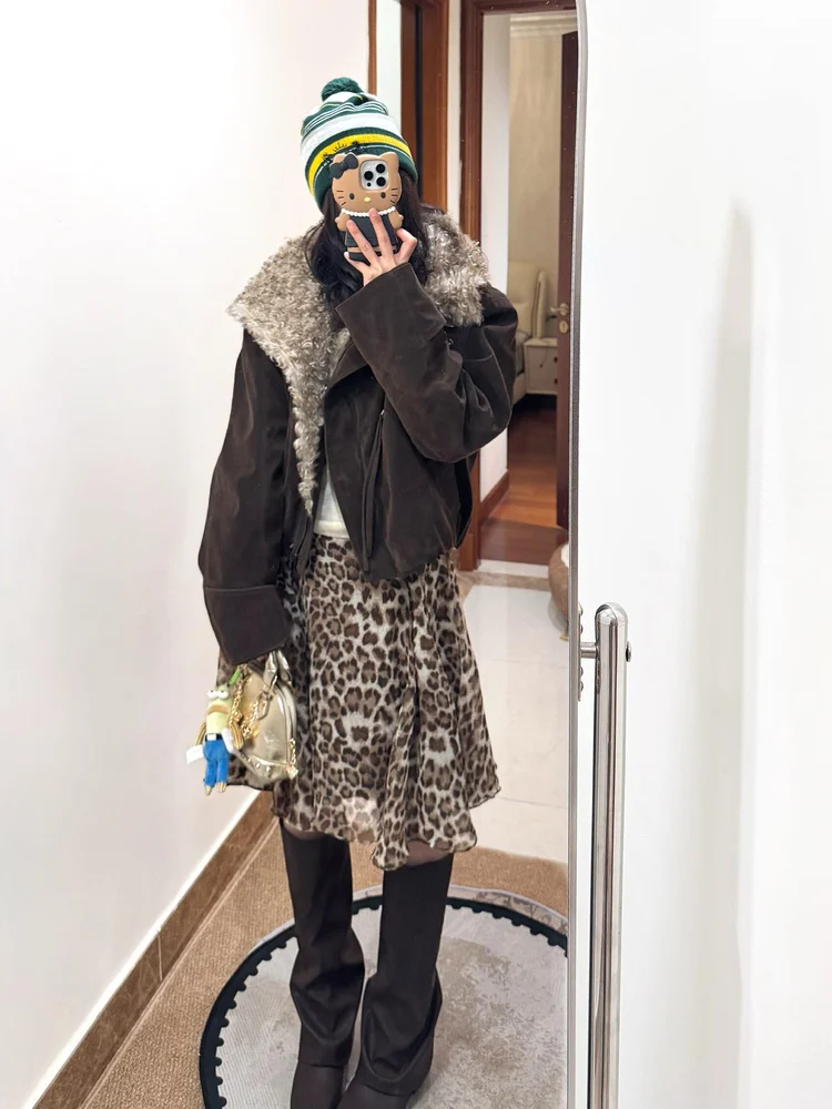 High Waist Asymmetrical Leopard Print A-Line  Skirt for Women Spring Autumn Casual Versatile High Quality Skirts