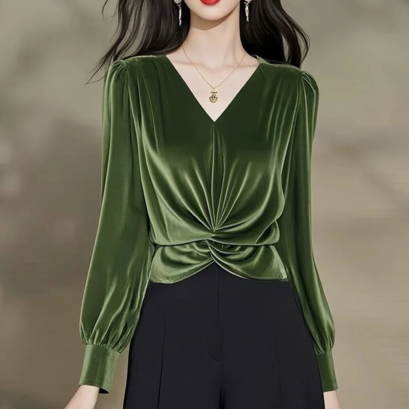Spring Autumn New Top Tee Ladies Fashion Bottoming Shirt Temperament Fashionable Solid Color V-neck Long Sleeve Trend Pullovers