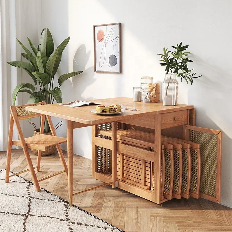 Modern Simple Kitchen Wooden Mobile Table Small Drawer Rattan Storage Matching 4 Chairs Foldable Dining Table Set