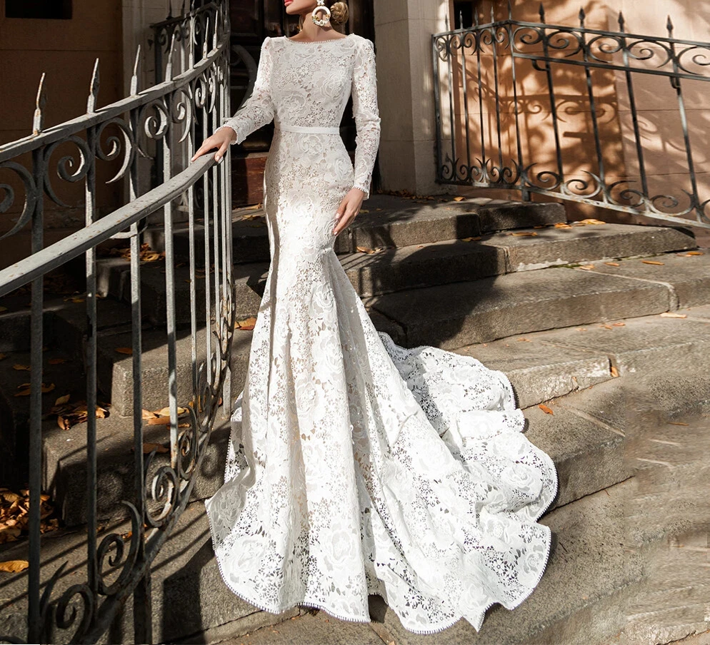 Mophiel Lace Wedding Dresses Long Sleeves Mermaid Bride Dress Sweep Train Formal Elegant Bridal Gown vestido de novia Customized