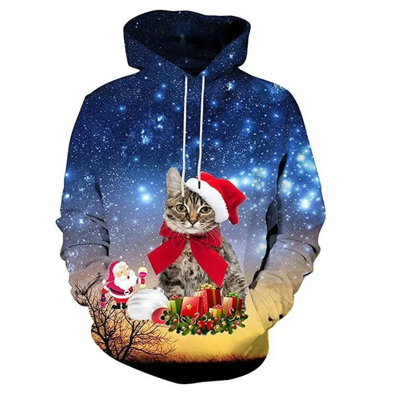 Santa Claus Cat Pattern Hoodie For Men Cartoon Rabbit 3D Print Long Sleeves Casual Pullover Street Tops Hoodies Loose Sweatshirt