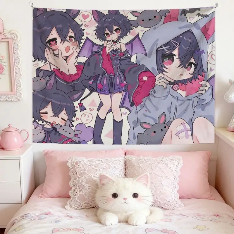 VIKAMA Dark Cat Ear Demon Girls Tapestry, Goth Cute Wall Hanging for Bedroom Dorm Girls Room Decor