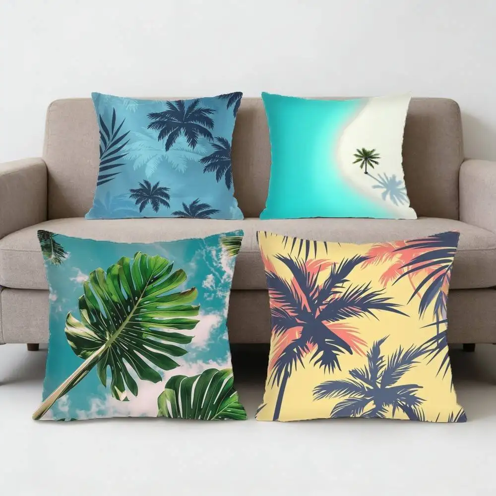 

Summer Refreshing Coconut & Palm Tree Beach Pillow Case Anti-dustmite Pillowcase Invisible zipper silky Sofa cover for bedroom