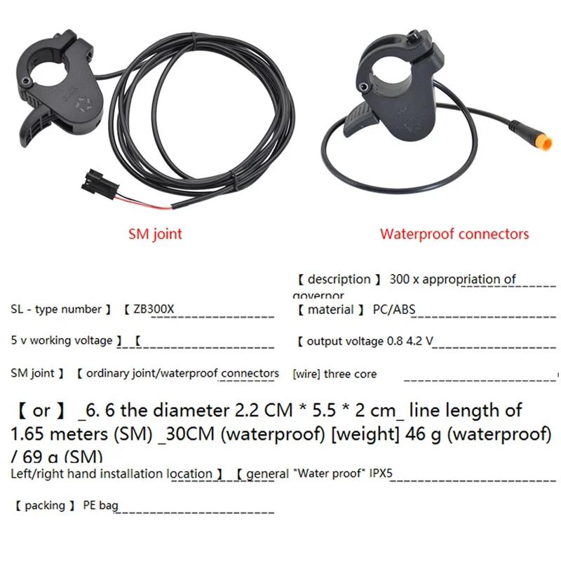 Ebike Thumb Throttle 300X Right/Left Hand Throttle for 24V 36V 48V 72V Electric Bicycle Accelerator,Sm Plug