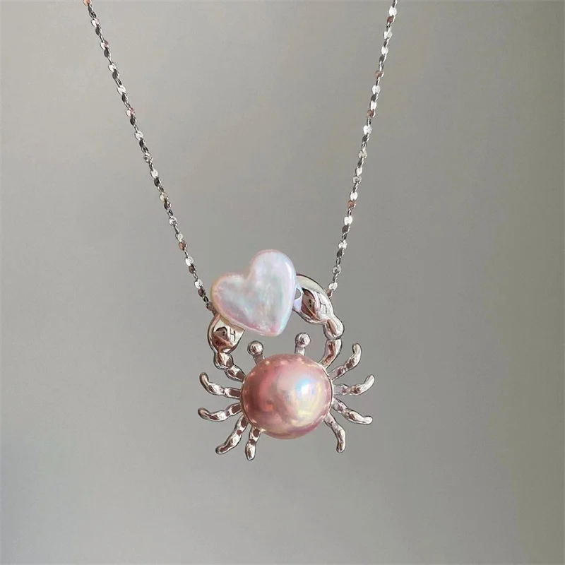 Fashion Pink Pearl Crab Shape Pendant Necklace For Women Party Dress Up Charms Elegance Woman Dangle Choker Jewelry