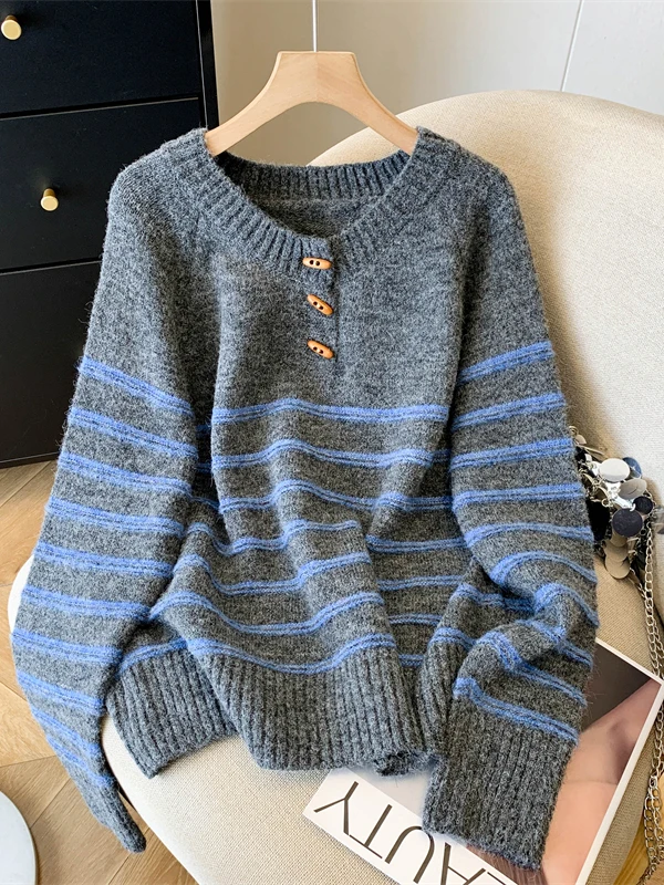 Retro Japanse Sle Lazy Stripe Kleur Blo ronde Ne Gebreide Trui Dames plus Maat f Open Kraag Comfortabel Adem...