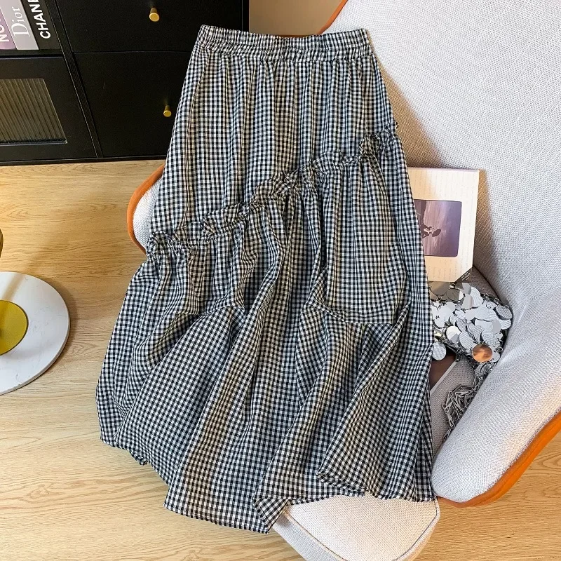 

Vintage Women Skirts New Spring/summer Cotton Linen High Waist Loose Plaid Chinese Style Skirt Ruffle A-LINE Clothing