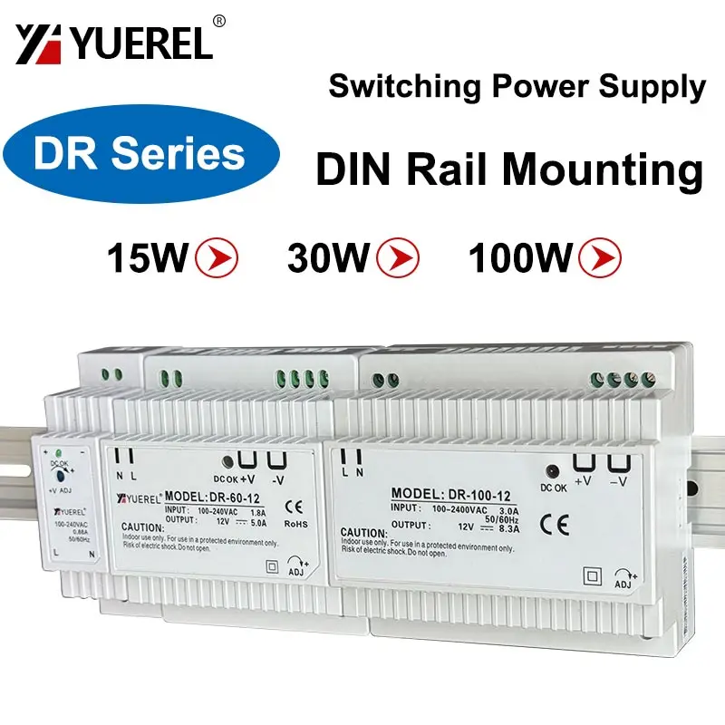 DR Series 15W 60W 100W Switching Power Supply 5V12V15V24V DIN-Rail Mounting Transformer