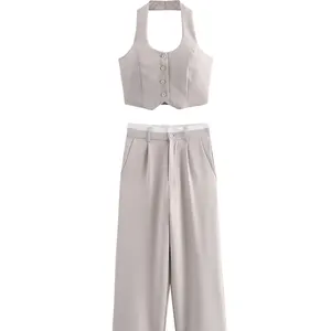 Trafza Mode Frauen solide Weste einzelner Anzug Hosen Basteln Halfter geschnittene Hände überlegene Hochtaille Damen Lady Lady of the Office Set 12 Hauptverkäufe Rot -Set -Wicklung - №2