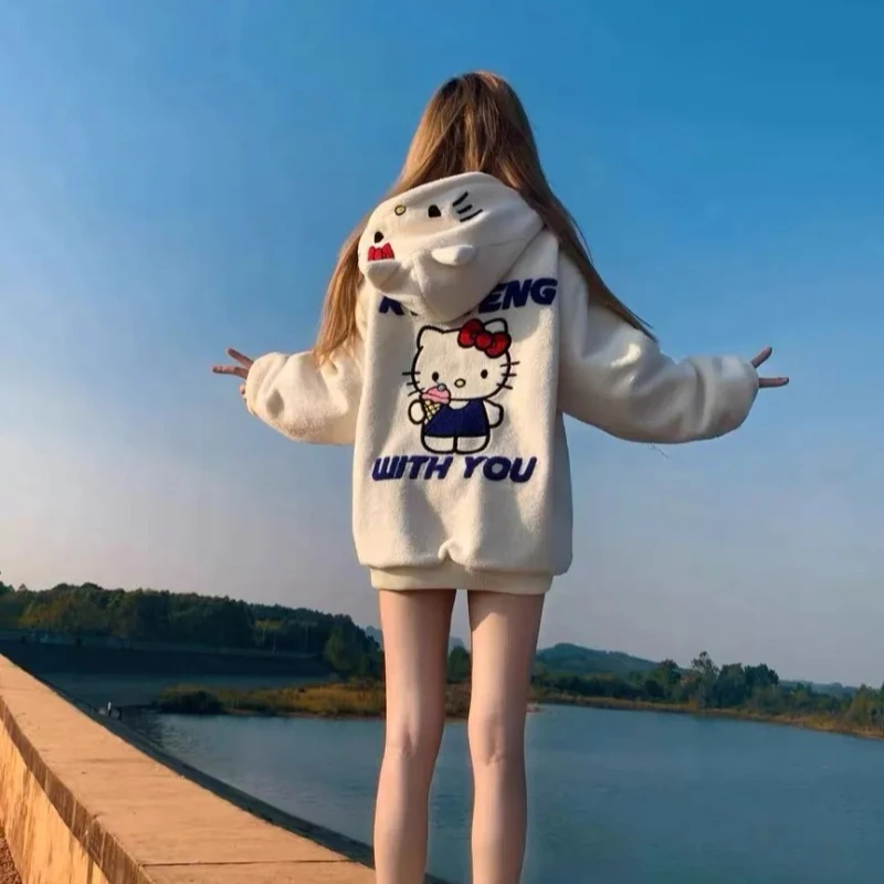 

Модная куртка HelloKitty с вышивкой из искусственной овечьей шерсти, свободного кроя, в повседневном стиле, унисекс, для пар, в стиле кэжуал, хлопковая одежда Ins