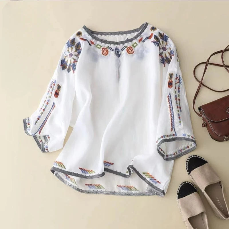 Chinese Style Women\'s T-shirt Summer Embroidery Vintage Tees Short Loose Women Tops Cotton Linen O-neck Clothing 2024 Korean