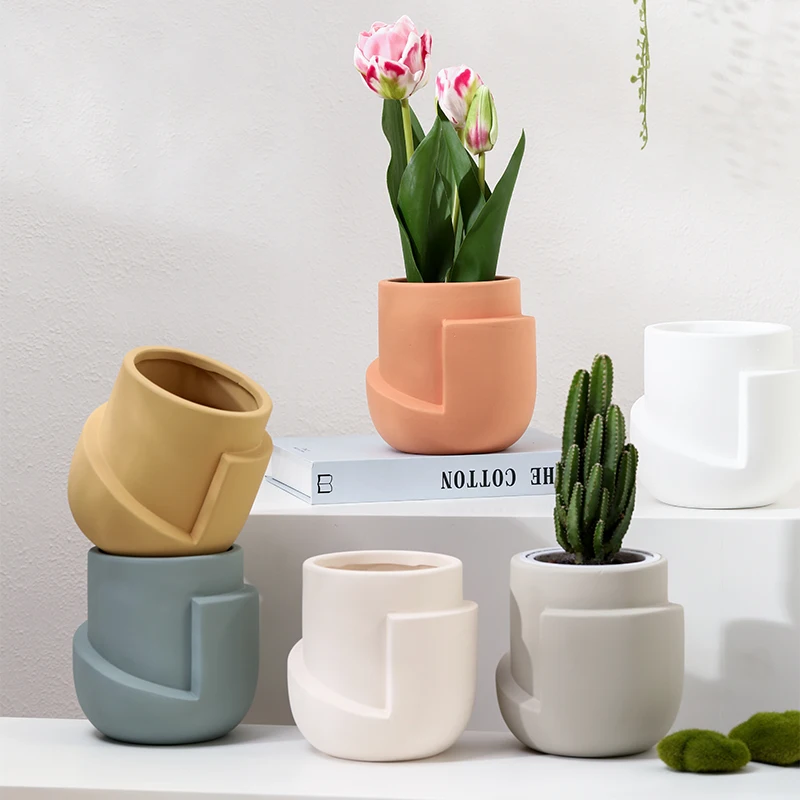 Creative Ceramic Flower Pot Geometric Art Plant Potted with Tray Tabletop Colorful Vase Living Room Office Garden Potted Plant