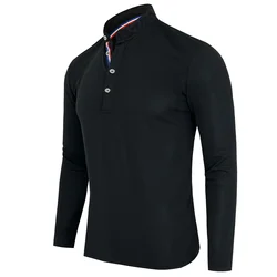 Men's Polo Shirt-Spring and Autumn Casual Business Buckle Henry Collar Long sleeve, Comfortable Style, Breathable