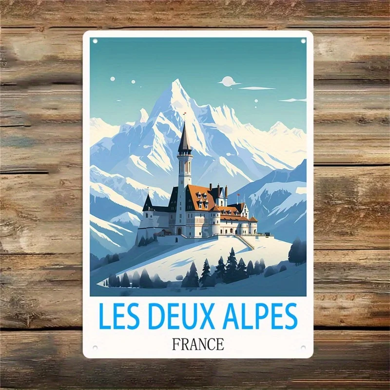 "Les Deux Alpes France" Vintage Metal Sign, es, Iron Wall Art, Frameless Contemporary Traditional Casual Decor for Restaurant,