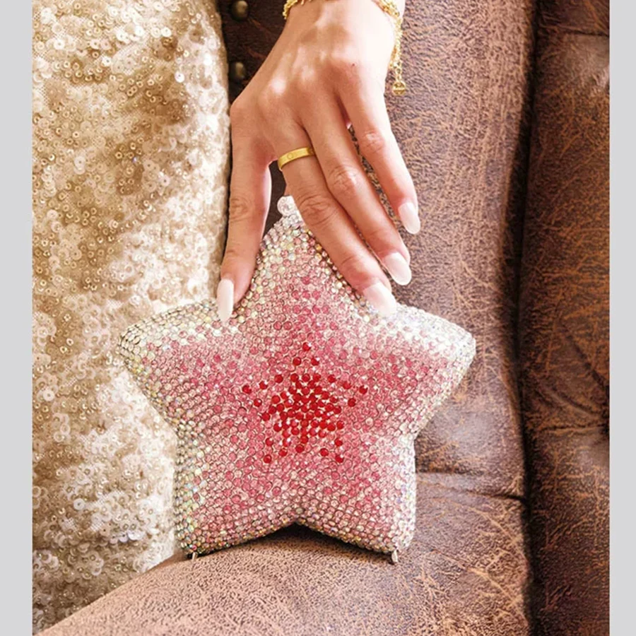 Gradual Pink Star Shaped Crystal Evening Bags Women Boutique Gorgeous Diamond Mini Clutch Wedding Party Chains Shoulder Bags Sac