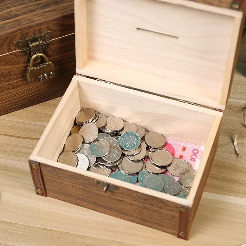 Small Boy Money Box Deposit Box Deposit Box Piggy Bank Key Code Lock Key with Kids Wooden Savings