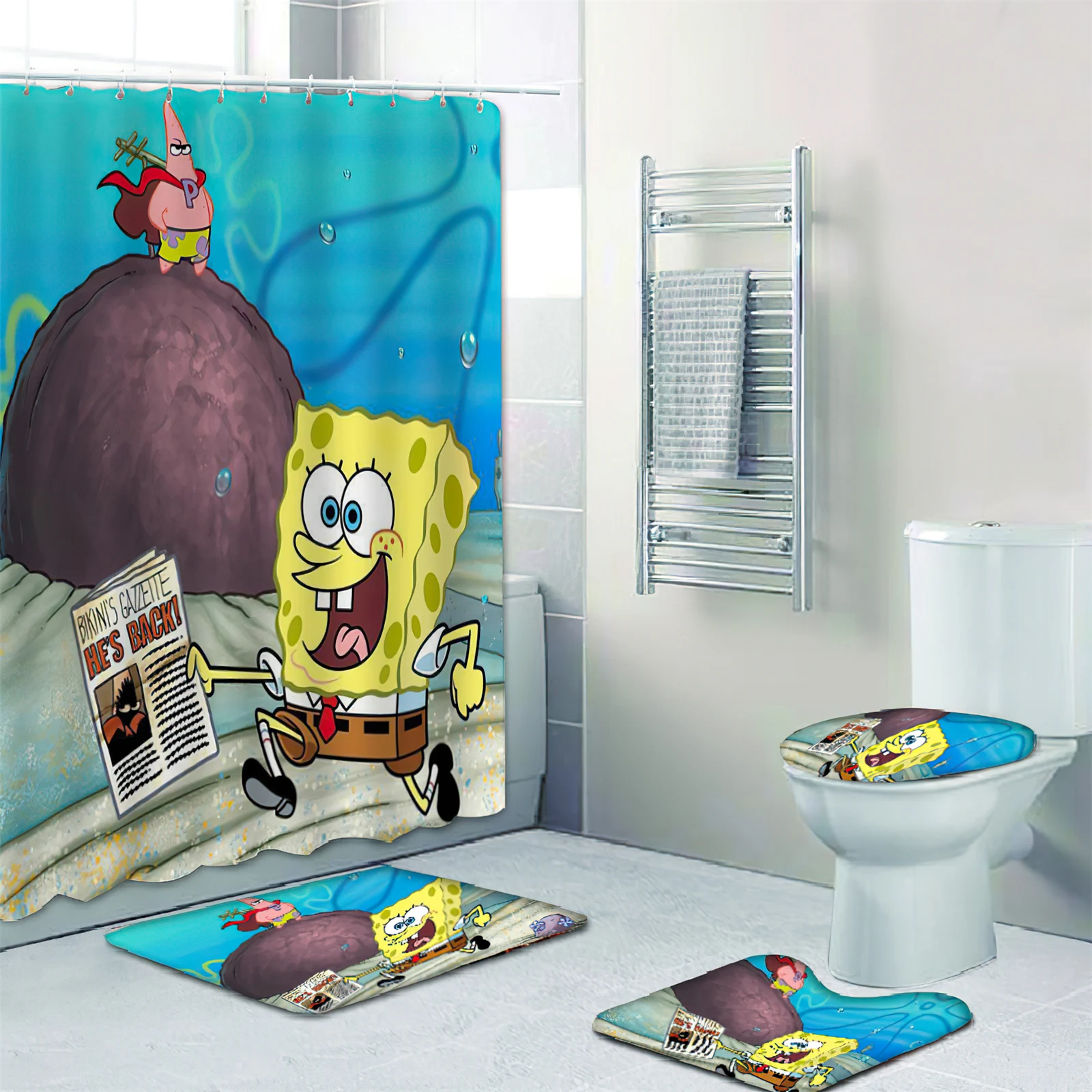 Spongebob 100% Polyester Printed Shower Curtain Bathroom Sets Full Set Accessories Luxury Curtains Anime Abstract 4 Piece Mats