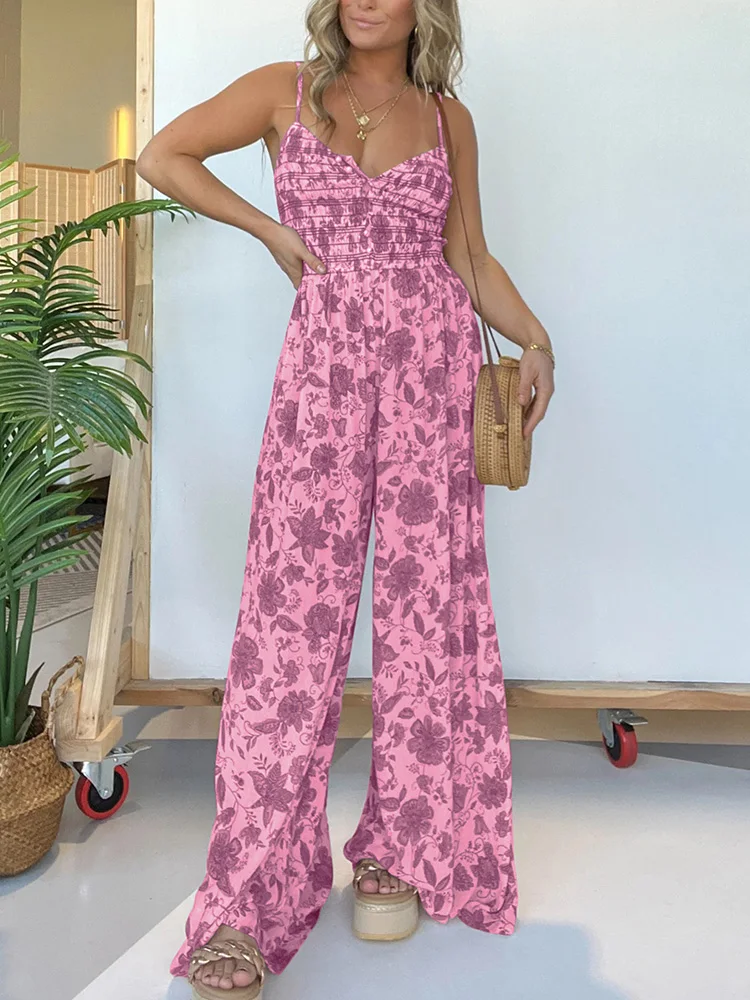 

Women Summer Fashion Wide Leg Pants Jumpsuits, Loungewear Print Patchwork Elegant Bodysuits, Sleeveless Pocket Ladies Playsuits