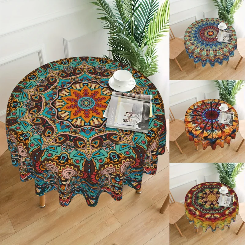 

1pc Vibrant Mandala Round Tablecloth - Water-Resistant Patio Dining Table Cover for Backyard BBQ Picnic - 60 Inch Boho Home Kitc