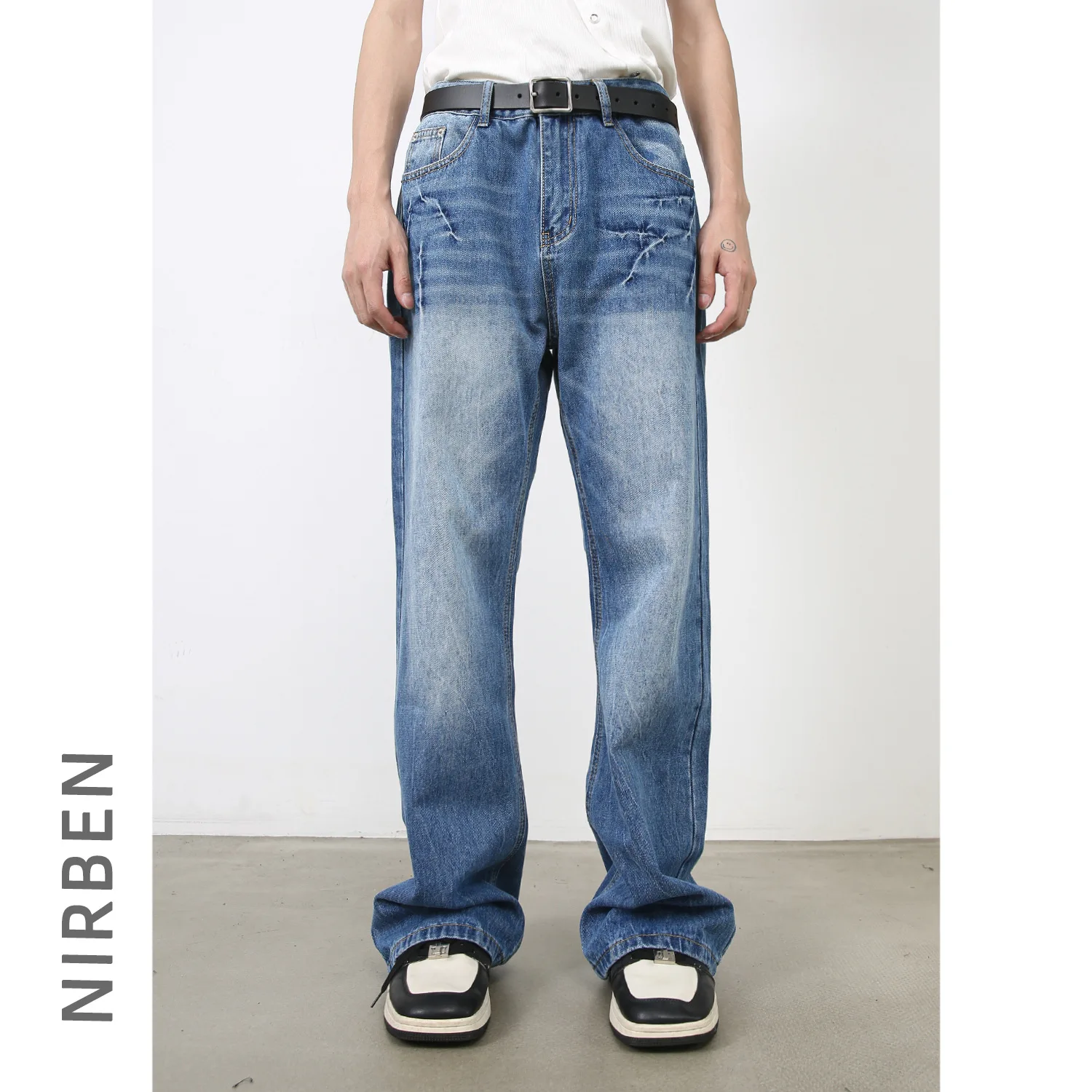 New Trendy Design Lightning Pattern Washed Jeans American Retro Straight Micro-pull Men's Pants