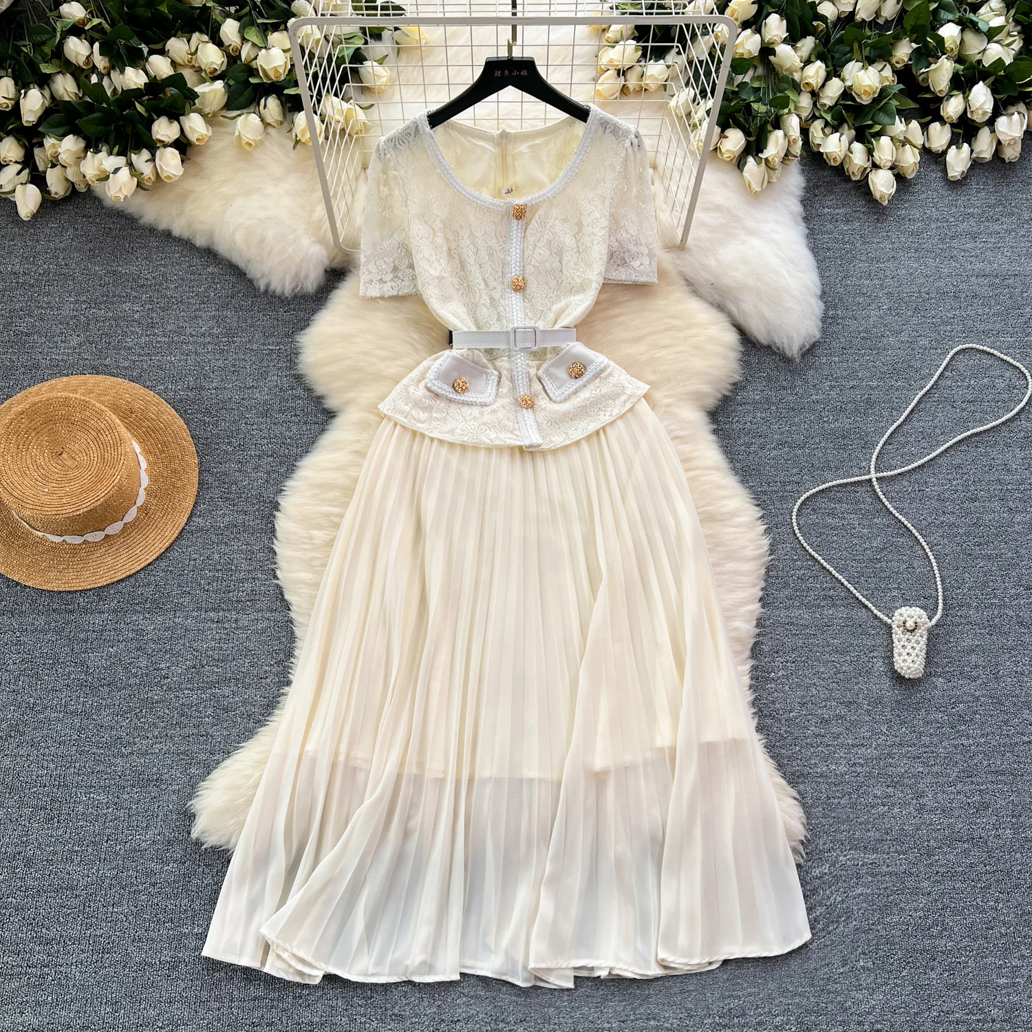 

Vintage Elegant short Sleeve o-neck lace PATCHWORK pleated Dress French Fashion Casual Vestidos Basic Summer Sweet Dresses