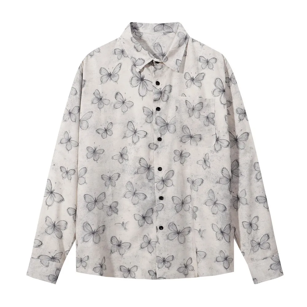 

Гавайские рубашки с длинными рукавами и рисунком бабочки в стиле гранж, готическая мужская и женская блузка, уличная одежда, топы на пуговицах Aloha, зима-весна