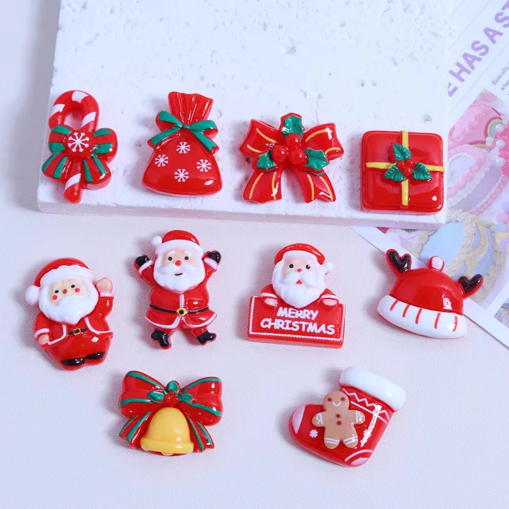 14Pcs Resin Cartoon Santa Claus, Snowman, Cane, Elk Figurines Flatback Wedding Scrapbook Gems DIY Jewelry Crafts Accessories