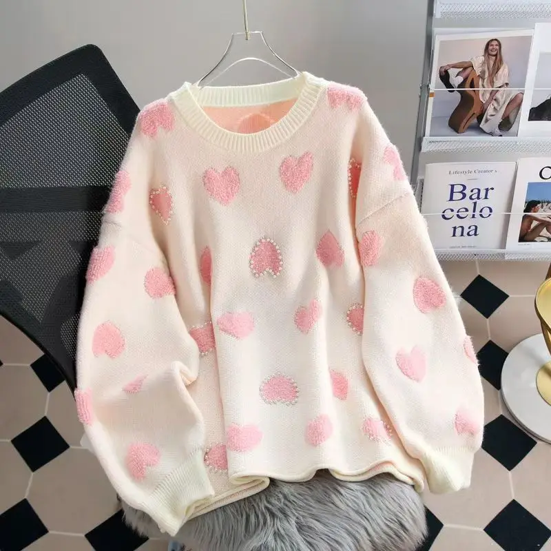 Suéter de punto rosa con perlas en forma de corazón para mujer, abrigos, jerseys de cuello redondo, manga larga, estilo dulce coreano Kawaii, ropa de invierno cálida.