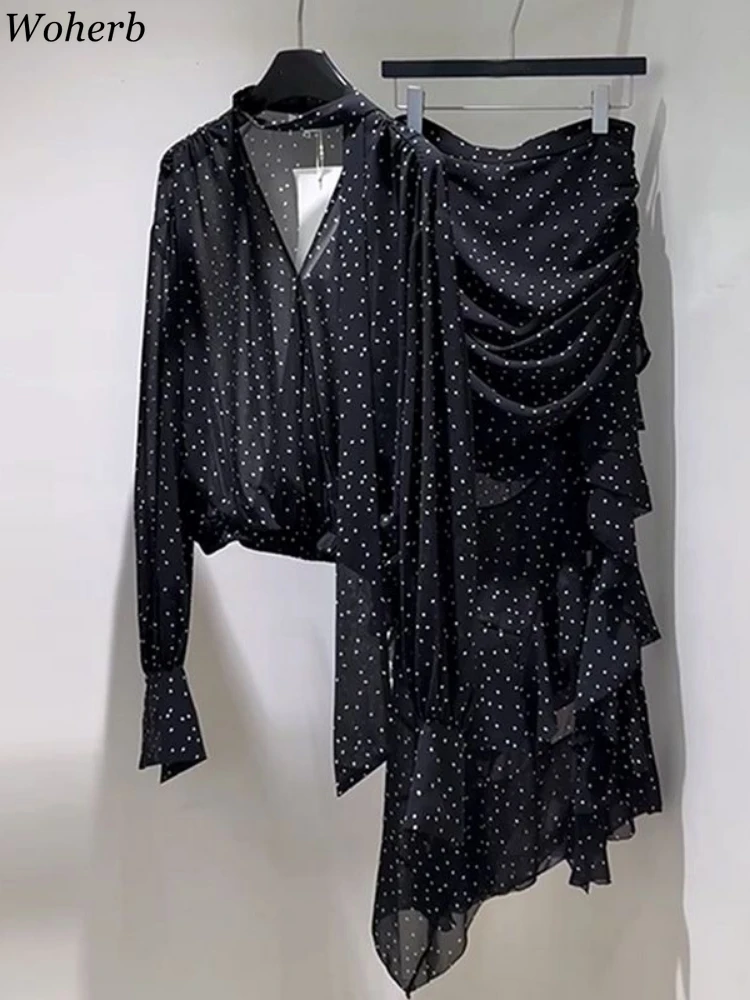 

Skirt Suit Polka Dot Fashion 2 Piece Sets Women's Clothes V Neck Bandage Shirts + High Waist Pleated Skirts Outfits Summer Set