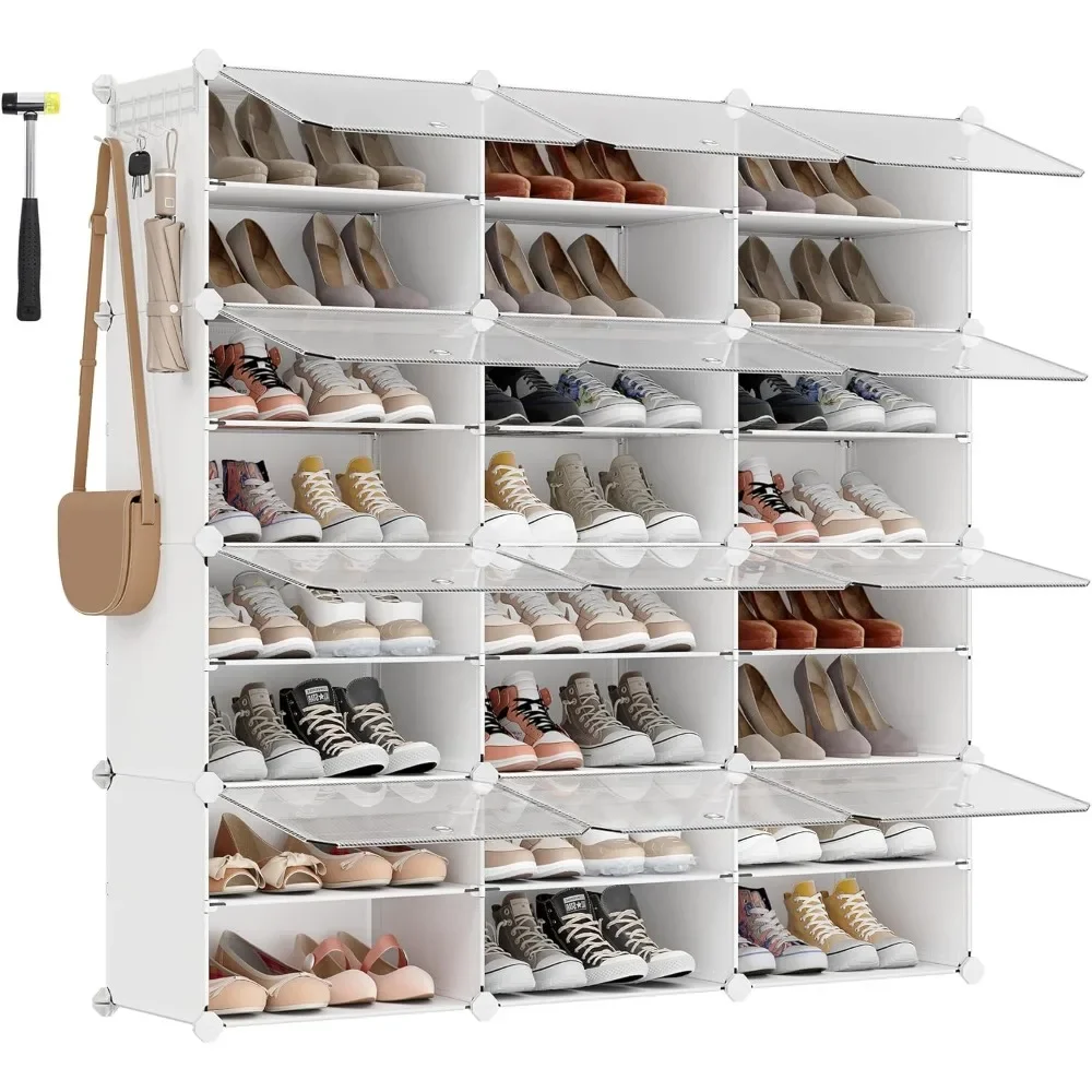 Mueble zapatero de plástico, 12 compartimentos para 48 pares de zapatos, con puertas, estructura de acero y estantes de plástico.