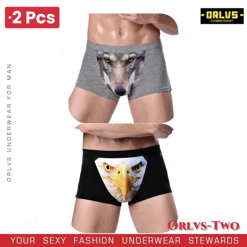 

2 PCS Boxer Men Underpants Modal Men's Wolf Eagle Panties Cartoon Animal Funny Hombre U Pouch Bulge Underwear Men Lingerie Gift