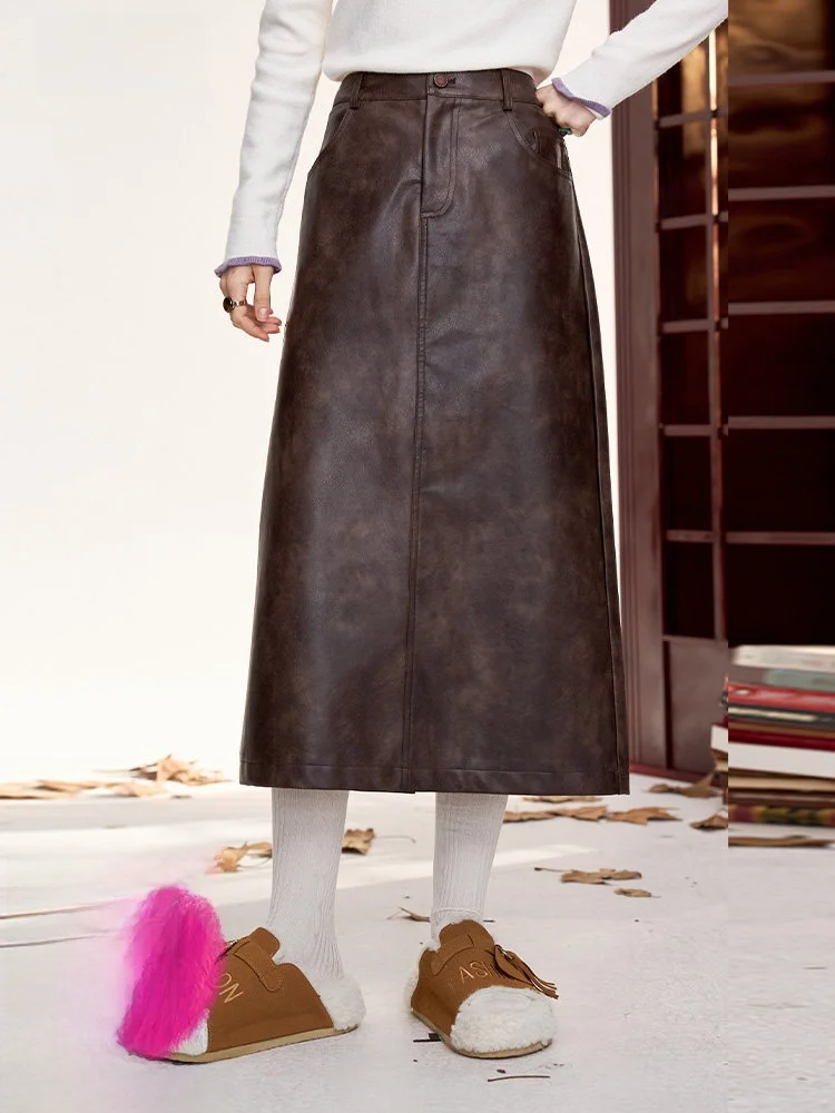 High Waist PU Leather Half Skirt Women's Winter Vintage Spot Color Rubbing Long Skirt A-Line Skirt with Pocket Button Detail