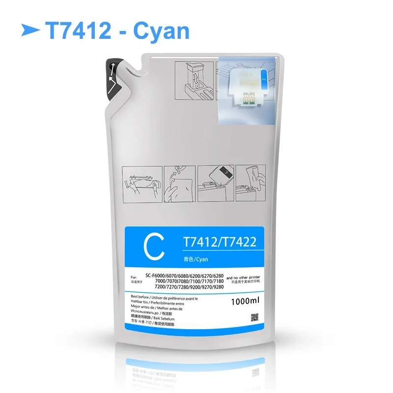 Paquete de tinta de sublimación para impresora Epson, paquete de tinta de 1000ML, T7411, T7414, T741X, para Epson SureColor F6000, F6070, F6200,