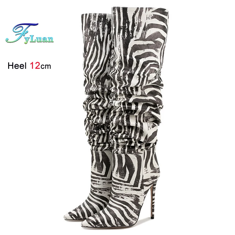 

Осень-зима, плиссированные женские сапоги до колена в полоску зебры, женские сапоги до колена с острым носком на тонком высоком каблуке 12 см, широкие сапоги-трубы на шпильке