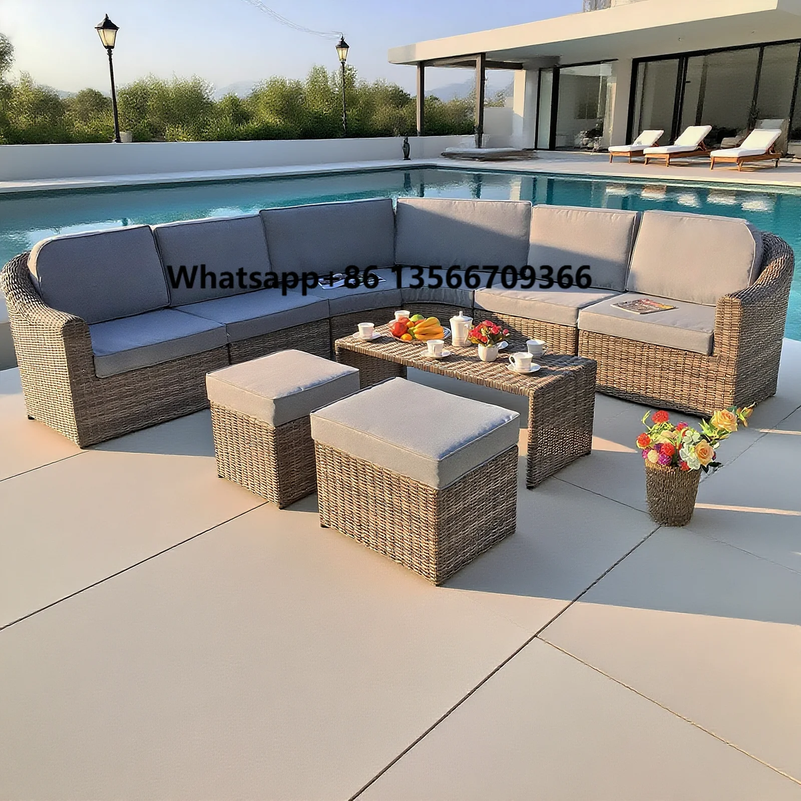

Creative Design Rounded Edge Rattan Sofa Set 8- Seater Garden Rattan Circle Sofa Set Round Corner Group Patio with Table
