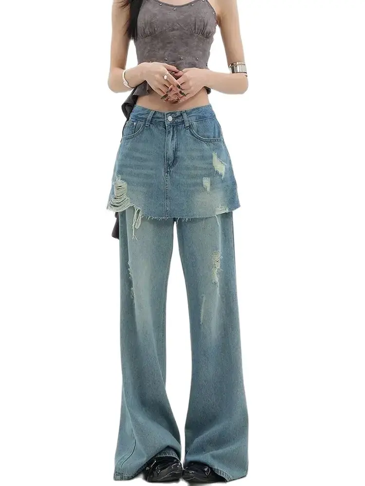 American Retro Oversized High Waist Jeans For Women Casual Baggy Y2K Wide Leg Pants Grunge Street Light Blue Denim Trouser