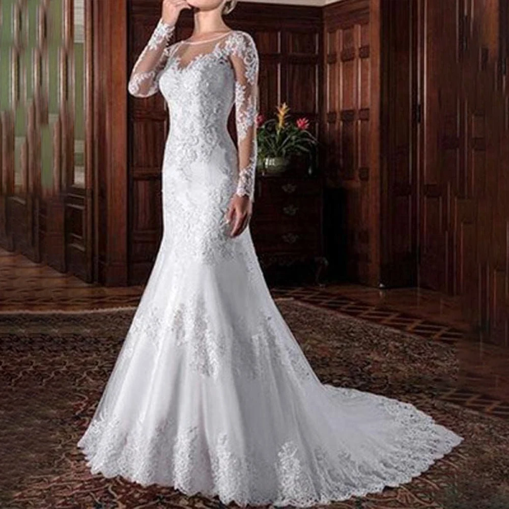 

Luxury Wedding Dresses Boat Collar Long Sleeve Women Dress with Appliques Draped Button Bridal Gown Customized robe de mariée